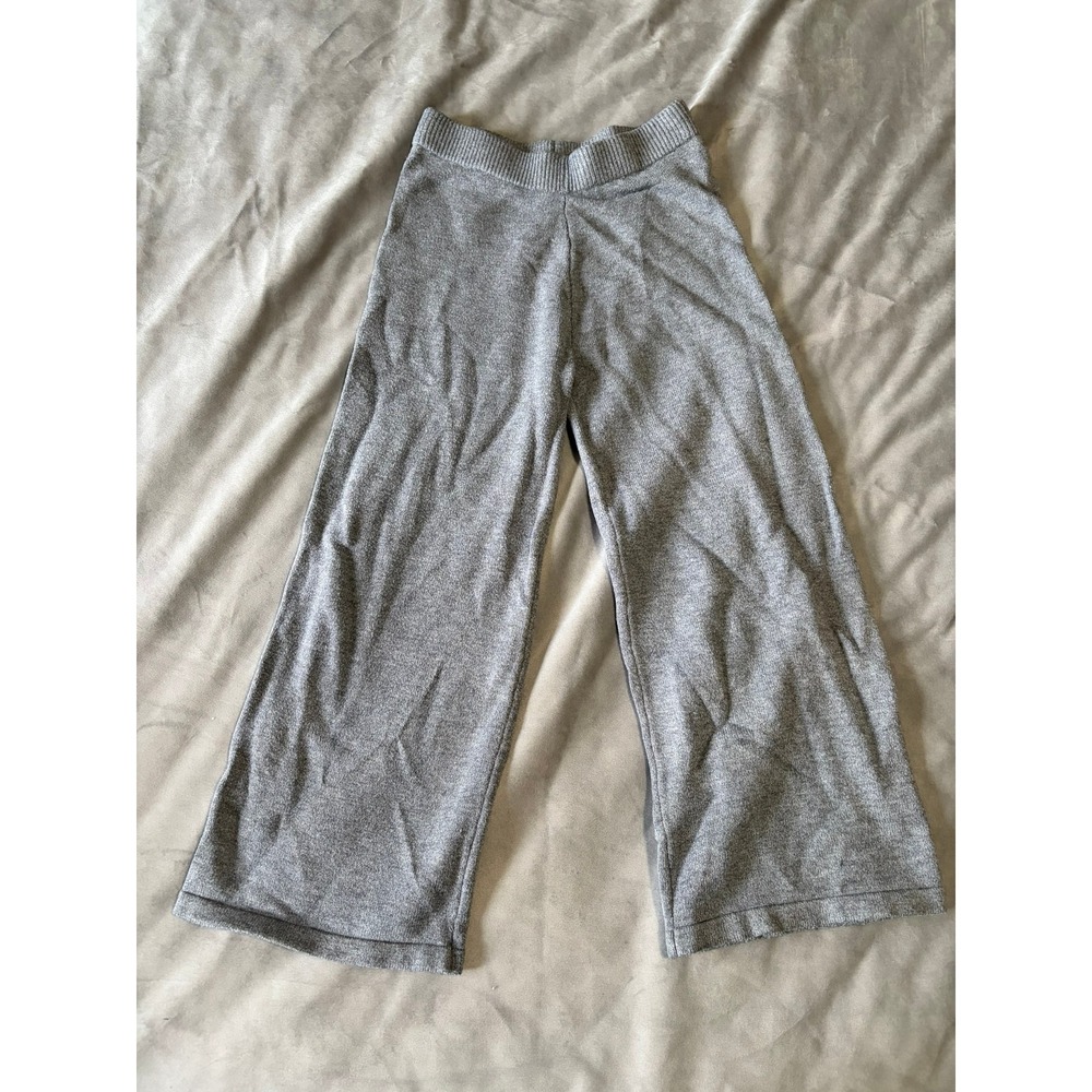 Grey Knit Wide Leg Lounge Pants Ribbed Elastic Waistband Heathered Grey